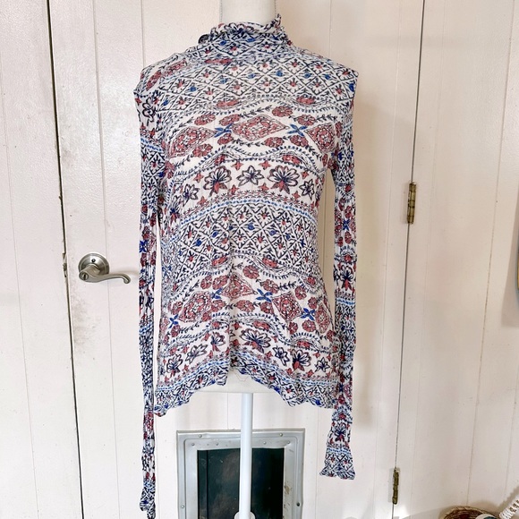 Lucky Brand Floral Long Sleeve Turtle Neck Shirt Large Blue White Boho - Picture 2 of 9